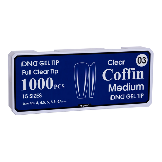 Box of DND Gel Tip Full Clear Tip nail tips, Coffin Medium shape, 1000 pieces in 15 sizes