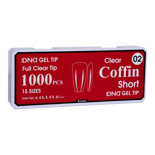 Box of DND Gel Tip Full Clear Tip nail tips, Coffin Short shape, 1000 pieces in 15 sizes