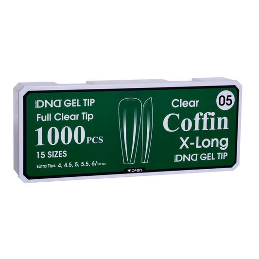 Box of DND Gel Tip Full Clear Tip nail tips, Coffin X-Long shape, 1000 pieces in 15 sizes
