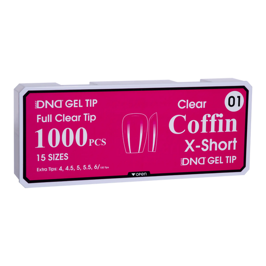 Box of DND Gel Tip Full Clear Tip nail tips, Coffin X-Short shape, 1000 pieces in 15 sizes