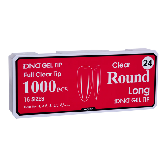 Box of DND Gel Tip Full Clear Tip nail tips, Round Long shape, 1000 pieces in 15 sizes
