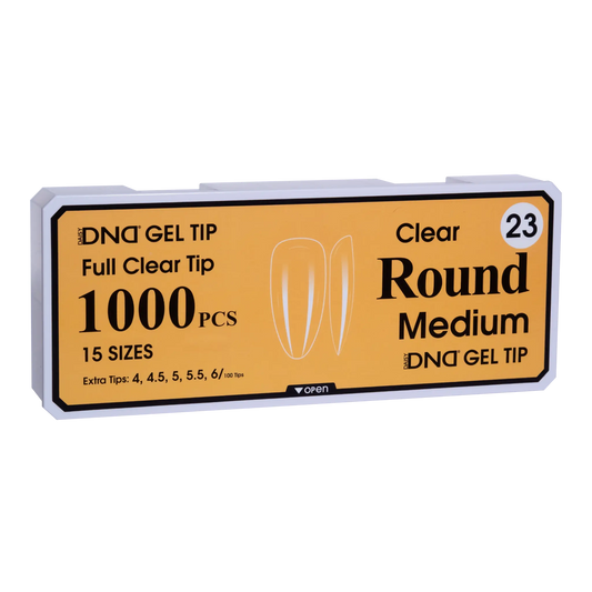 Box of DND Gel Tip Full Clear Tip nail tips, Round Medium shape, 1000 pieces in 15 sizes