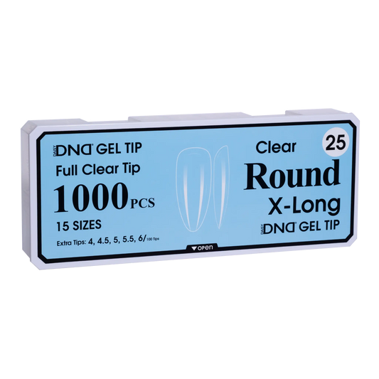 Box of DND Gel Tip Full Clear Tip nail tips, Round X-Long shape, 1000 pieces in 15 sizes