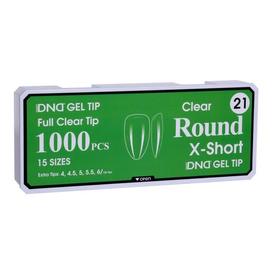 Box of DND Gel Tip Full Clear Tip nail tips, Round X-Short shape, 1000 pieces in 15 sizes