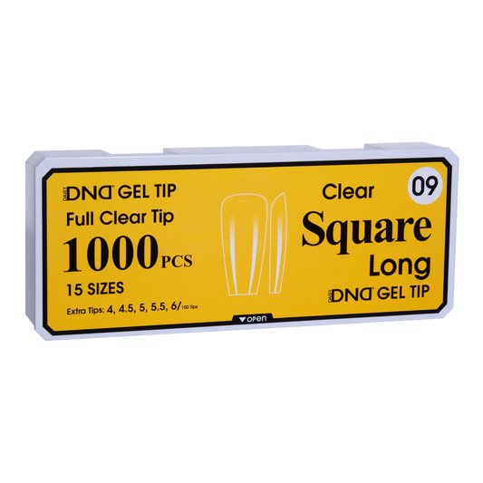 Box of DND Gel Tip Full Clear Tip nail tips, Square Long shape, 1000 pieces in 15 sizes