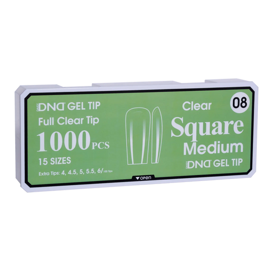 Box of DND Gel Tip Full Clear Tip nail tips, Square Medium shape, 1000 pieces in 15 sizes