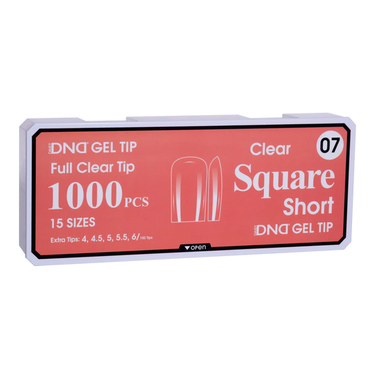 Box of DND Gel Tip Full Clear Tip nail tips, Square Short shape, 1000 pieces in 15 sizes