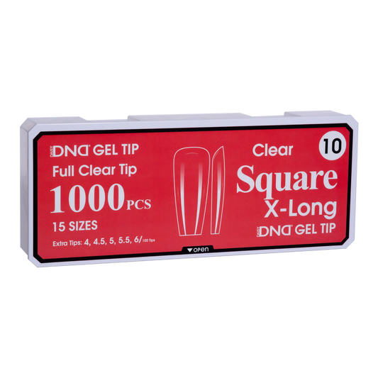 Box of DND Gel Tip Full Clear Tip nail tips, Square X-Long shape, 1000 pieces in 15 sizes