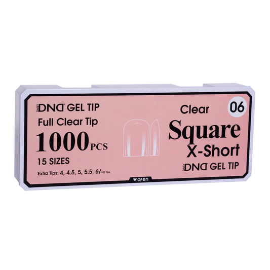 Box of DND Gel Tip Full Clear Tip nail tips, Square X-Short shape, 1000 pieces in 15 sizes