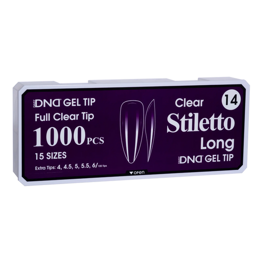 Box of DND Gel Tip Full Clear Tip nail tips, Stiletto Long shape, 1000 pieces in 15 sizes