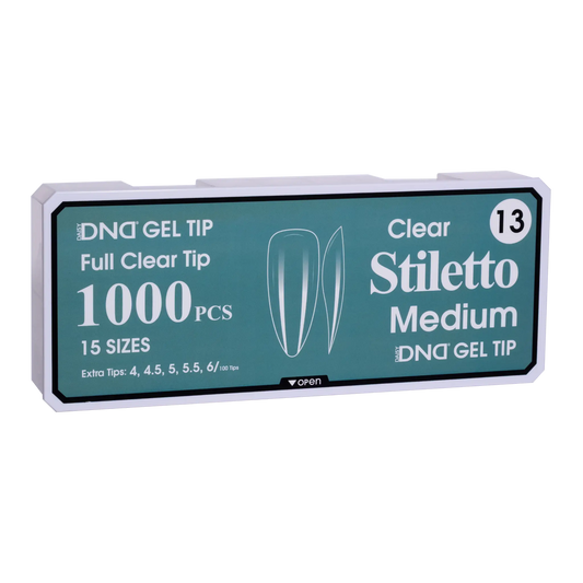 Box of DND Gel Tip Full Clear Tip nail tips, Stiletto Medium shape, 1000 pieces in 15 sizes