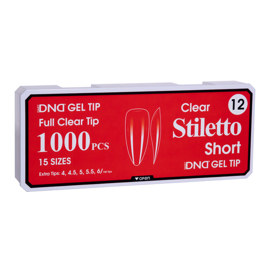 Box of DND Gel Tip Full Clear Tip nail tips, Stiletto Short shape, 1000 pieces in 15 sizes