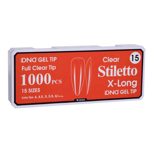 Box of DND Gel Tip Full Clear Tip nail tips, Stiletto X-Long shape, 1000 pieces in 15 sizes
